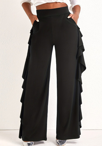 Women's Stylish Elegant Ruffled Solid Color High Waisted Casual Wide Leg Pants