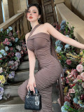 Lace-Up Strapless Maxi Dress Pleated Sleeveless Stretch Bodycon Dress Evening Gown