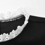 Chic Slim Contrast Color Ruffle Edge Long Sleeve A-Line Black Dress