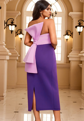 Color Block Bow-Decorated Strapless Formal Party Evening Dress