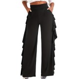 Women's Stylish Elegant Ruffled Solid Color High Waisted Casual Wide Leg Pants