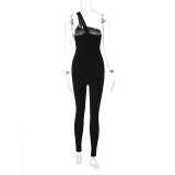 Summer Women's Solid Color Tight Fitting One Shoulder Strap Sports Fitness Jumpsuit