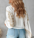 Women Casual Embroidered Leaf Lace-Up Shirt