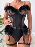 Women Hollow See-Through Feather Sexy Lingerie Set