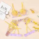 Women Lace Mesh Contrast Color Sexy Lingerie Three-Piece