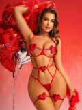 Women Heart Print Lace-Up Patchwork Hollow Backless Sexy Lingerie