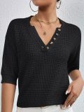 Women Casual V-neck Hollow Knitting Short Sleeve Top