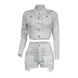 WomenSolid Casual Pocket Long Sleeve Top and shorts Two-Piece Set