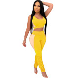 Women Sexy Solid Patchwork Gathered Sports Top and Pant Two-piece Set