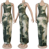 Women Ribbed Tie Dye Printed U Neck Lace-Up Dress