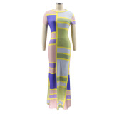 Round Neck Slim Printed Summer Casual Long Dress