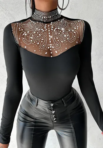 Women Beaded Mesh Patchwork Long Sleeve Top