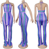 Multi-Color Striped Halter Neck Slim Fit Bell Bottom Women's Jumpsuit