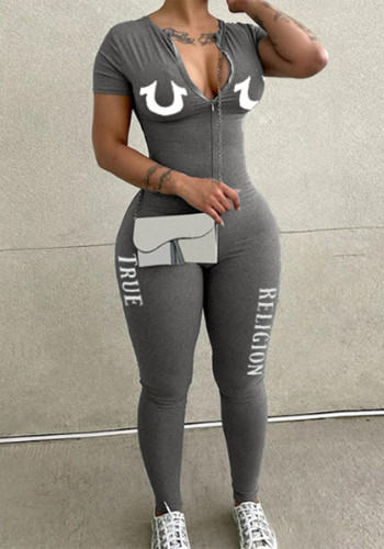 Fashionable One-Piece Women's Long Sleeve Letter Print Jumpsuit
