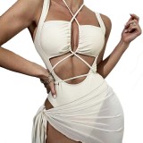 Solid Color Halter Lace-Up Sexy Swimsuit Cover Up Two Piece Set