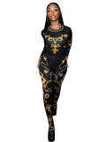 Women Spring Print Long Sleeve Round Neck Top and Stocking Trousers Two-piece Set
