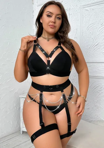 Plus Size Women Metal Lace-Up Ring Patchwork Sexy Lingerie