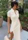 Women Button Bevel Slit Solid Dress