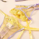 Women Lace Mesh Contrast Color Sexy Lingerie Three-Piece