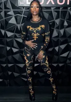 Women Spring Print Long Sleeve Round Neck Top and Stocking Trousers Two-piece Set