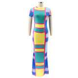 Round Neck Slim Printed Summer Casual Long Dress