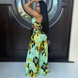 Women Casual Strap Printed Strapless Top and Wide Leg Pants Two-piece Set
