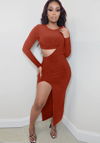 Women Solid Top and Dress Two-piece Set