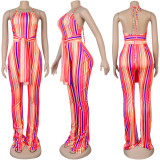 Multi-Color Striped Halter Neck Slim Fit Bell Bottom Women's Jumpsuit