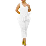 Women's Spring And Summer Solid Color Embroidered Cotton Belt Two-Piece Pants Set