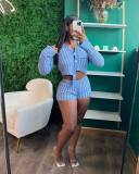 Women Striped Knitting Top and Shorts Two Piece Set