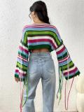 Women Rainbow Stripe Tassel Crop Loose Sweater