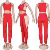 Women Sexy Solid Patchwork Gathered Sports Top and Pant Two-piece Set