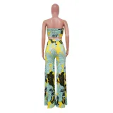 Women Casual Strap Printed Strapless Top and Wide Leg Pants Two-piece Set
