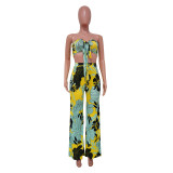 Women Casual Strap Printed Strapless Top and Wide Leg Pants Two-piece Set