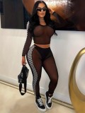 Women Mesh Patchwork Black and White Plaid Sexy See-Through Long Sleeve Top and Pants Two-piece Set