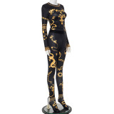 Women Spring Print Long Sleeve Round Neck Top and Stocking Trousers Two-piece Set