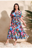 Colorful Printed Holidays Dress Plus Size V-Neck Short-Sleeved Chiffon Dress
