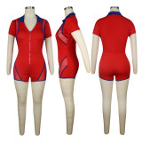 Women's Clothing Color Block V Neck Zipper Mesh Patchwork Short Sleeve Nightclub Cargo Short Jumpsuit