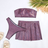 Sweet Purple Strapless Two Piece Bikini Three-Piece Swimsuit