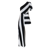 Women Fashion Slash Shoulder Striped Iregular Dress