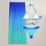 Gradient Mesh Long Skirt Drawstring Lace-Up Bikini Three-Piece Swimsuit