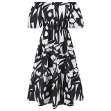 Sexy Off Shoulder Puff Sleeve Printed Casual Fashion Swing Chic Dress