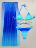Gradient Mesh Long Skirt Drawstring Lace-Up Bikini Three-Piece Swimsuit