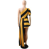 Women Fashion Slash Shoulder Striped Iregular Dress