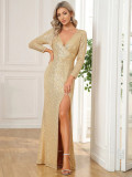 Long Sleeve Slit Sequined Evening Gown