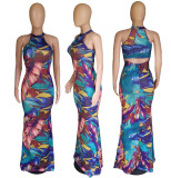 Summer Multi-Color Feather Print Fashion Hollow Sleeveless Dress