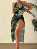 Printed Halter Neck Low Back Sexy Simsuit Cover Up Skirt Two Piece Set