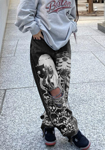 High Waisted Ripped Denim Pants Women's Trousers