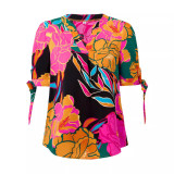 Summer Women's Fashion Print Casual V Neck Tie Short Sleeve Top