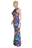 Summer Multi-Color Feather Print Fashion Hollow Sleeveless Dress